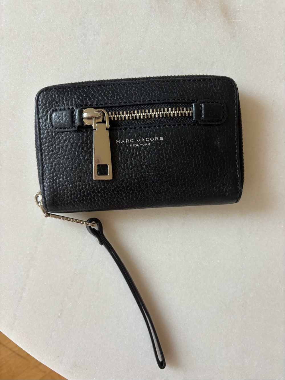 Marc Jacobs Black Pebbled Leather Zip Wristlet with Silver Hardware